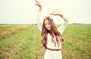 Sticker - smiling young hippie woman on cereal field