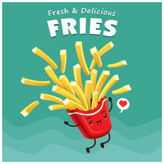 Vintage fries poster design with vector fries character.