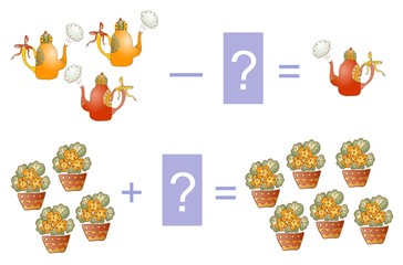 Educational game for children. Cartoon illustration of mathematical addition and subtraction. Examples with  teapots and flowers.