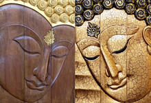 Buddha Face Carving 6 Pieces Of Wood And Gold Gilded Handcrafts