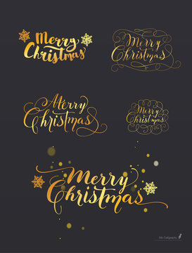 Set of Hand-Drawn Lettering based on a Nib and Brush Calligraphy. Snowflakes on the background. Merry Christmas. Vector.