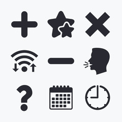 Poster - plus and minus icons. question faq symbol.
