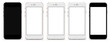 Set of five smartphones gold, rose, silver, black and black polished - blank screen and isolated on white background. Template, mockup.