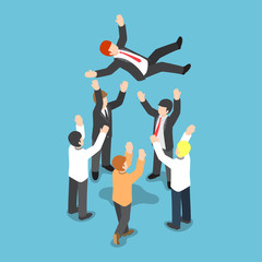 Aufkleber - isometric businessman being throw up in the air by his team