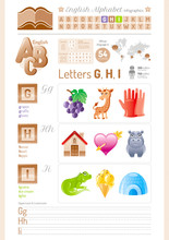 Vector Illustration Back To School. Alphabet ABC Icon Set In Elegant Style. Letter G, H, I Infographics With Toy Block, Symbol - Grapes, Giraffe, Glove, House, Heart, Hippo, Iguana, Ice Cream, Igloo