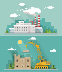 Wall Mural - Industrial landscape set. The nuclear power plant and factory, b