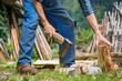 © mRGB - Male worker with axe wood chopping firewood