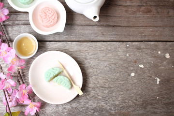 Wall Mural - Mochi japanese dessert with hot tea