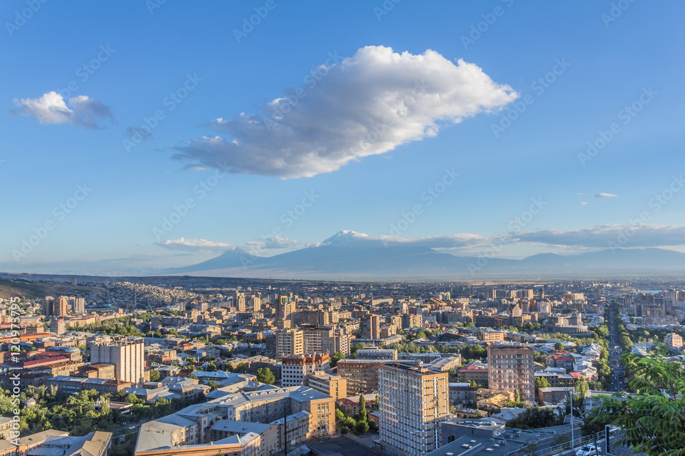 panoramic view of Yerevan and Mount Ararat from Victory Park  - obrazy, fototapety, plakaty 