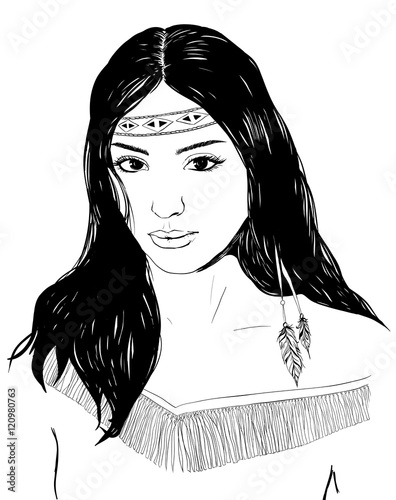 Fotografía Young american indian woman portrait, hand drawn sketch, black hair