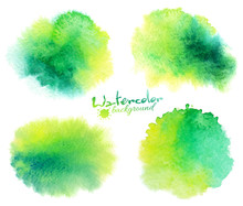 Green Watercolor Stains Backgrounds Set Isolated On White