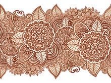 Indian Henna Tattoo Style Vector Floral Horizontal Seamless Pattern