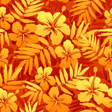 Orange Vector Tropical Flowers Seamless Pattern