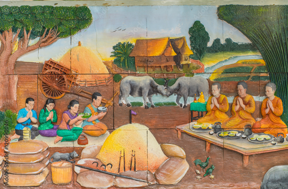 Thai Culture Stone Carving On Temple Wall Background Wall Mural Wallpaper Murals Cat027