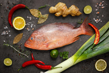 Fresh Ingredients To Cook Fish, Red Snapper, Leak, Lime, Lemon,