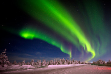 winter night landscape with forest, road and polar light over the trees.