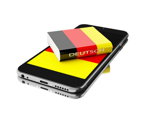 Poster - 3d Smartphone with germany book. Learning languages.