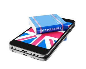 Poster - 3d Smartphone with english book. Learning languages.