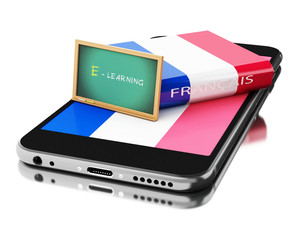 Poster - 3d Smartphone with french book. Learning languages.