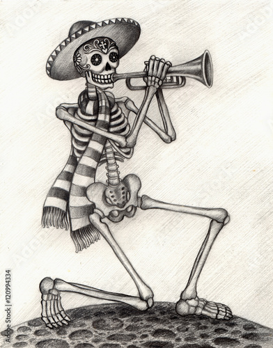 Skull Art Playing Music Day Of The Dead Art Design Skull Playing Music Day Of The Dead Festival Hand Pencil Drawing On Paper Stock Foto Adobe Stock