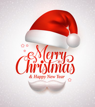 Merry Christmas Title Typography Vector Concept In Red With Christmas Hat And Santa White Beard In A White Snow Background. Vector Illustration
