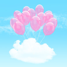 Escape Conceptual- Bunch Of Pink Balloon Holding Cloud Into The Sky Background