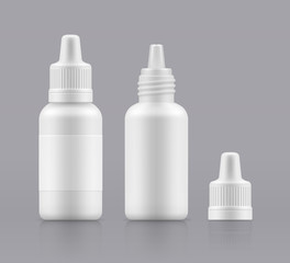 Vector nasal spray. Eye drops. Open and closed white plastic bottles. Container with medical drug for nose. Blank packing - vector isolated illustration