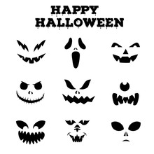 Collection Of Halloween Pumpkins Carved Faces Silhouettes. Black And White Images. Vector Illustration