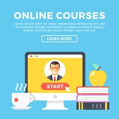 Poster - Online courses concept. Desktop PC, books, apple, cup of tea. Comfortable watching. Modern graphic elements for web design, web banners. Flat design vector illustration