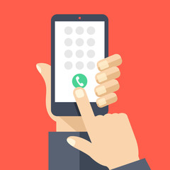 Poster - Keypad on smartphone screen. Mobile phone call. Hand holds smartphone, finger touches screen. Modern concept. Creative flat design vector illustration