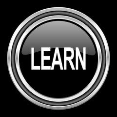 Aufkleber - learn silver chrome metallic round web icon on black background