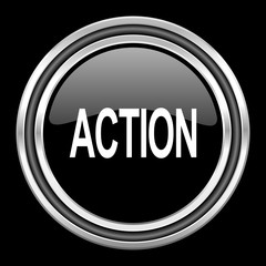 Aufkleber - action silver chrome metallic round web icon on black background
