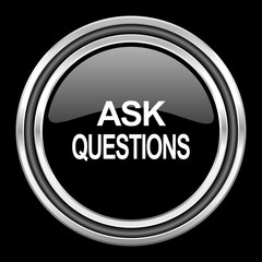 Aufkleber - ask questions silver chrome metallic round web icon on black background