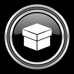 Fototapete - box silver chrome metallic round web icon on black background