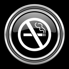 Poster - no smoking silver chrome metallic round web icon on black background