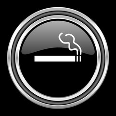 Poster - cigarette silver chrome metallic round web icon on black background