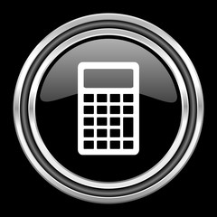 Poster - calculator silver chrome metallic round web icon on black background