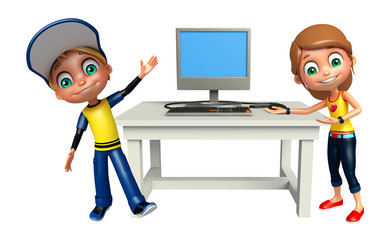 Canvas Print - Kid boy and Kid girl with Computer