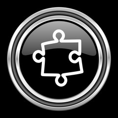Poster - puzzle silver chrome metallic round web icon on black background