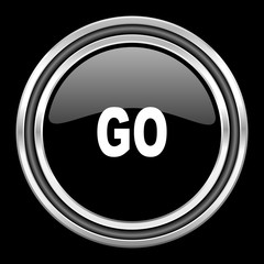 Poster - go silver chrome metallic round web icon on black background