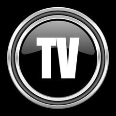 Poster - tv silver chrome metallic round web icon on black background