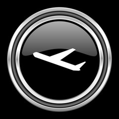 Poster - deparures silver chrome metallic round web icon on black background
