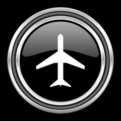 Poster - plane silver chrome metallic round web icon on black background
