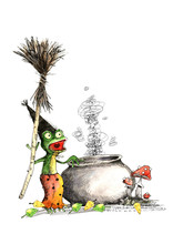Halloween, A Set Of Drawings, A Frog, A Cat In A Hat, Flowers, Mushroom, Mouse, Pot, Magic Wand, Broom, Watercolor, Ink.