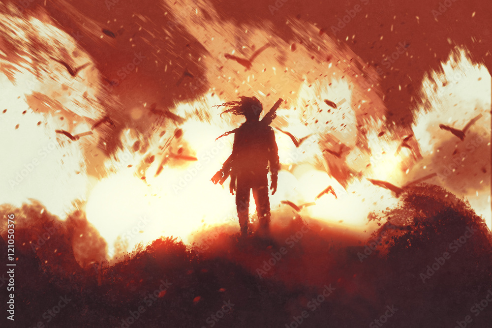 man with gun standing against fire background,illustration 