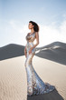 Beautiful fashion asian model in luxury shiny dress in desert