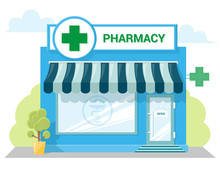 Facade Pharmacy Store With A Signboard, Awning And Symbol In Shopwindow. Abstract Image In A Flat Design. Front Shop For Concept Brochure Or Banner. Vector Illustration Isolated On White Background