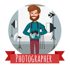 vector photographer character web icon with cameras and photo studio background