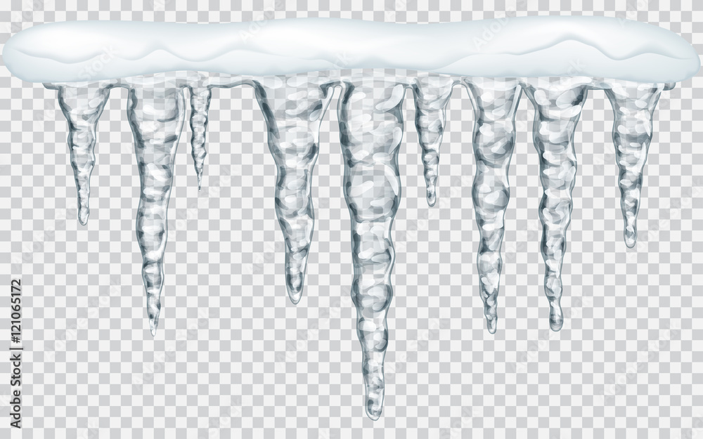 Hanging icicles with snow on transparent background. Transparency only in vector file - obrazy, fototapety, plakaty 