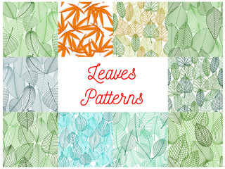 Poster - Green and yellow leaves seamless patterns set